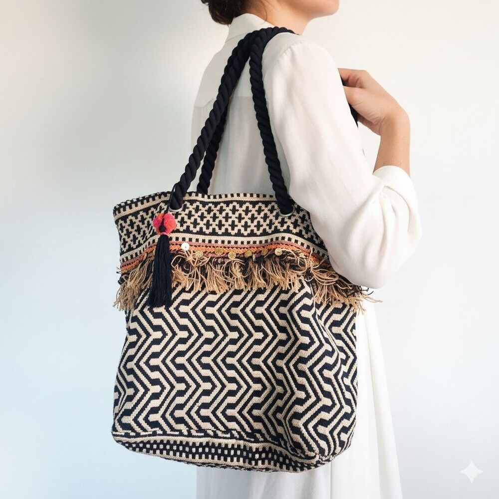 C&C California Bag Tote Woven Jute Boho Shoulder Fringe Navy Cream Coins Hippie